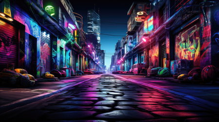 Night city street with neon lights and graffiti. 3d rendering.の素材