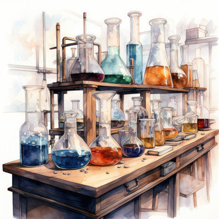 Watercolor illustration of a laboratory glassware with liquid in the foregroundの素材