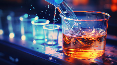 Laboratory glassware containing chemical liquid in laboratory, science research and development conceptの素材