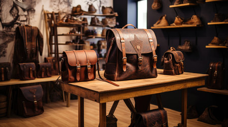 Vintage leather handbags on display in a shop window. Retro style.の素材