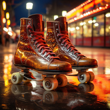 Old vintage roller skates on the road in the city at nightの素材