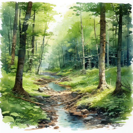 Watercolor illustration of a river in the forest. Watercolor backgroundの素材