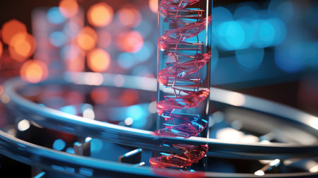 DNA molecule model on blue background, 3d rendering. Computer digital drawing.の素材