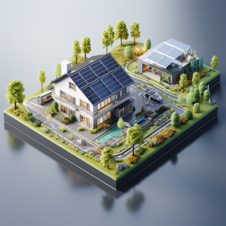 House with solar panels on the roof. Photovoltaic module. 3d illustration.の素材