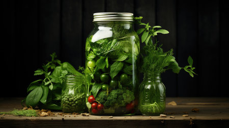 Fresh herbs and spices in glass jars on wooden table over black backgroundの素材
