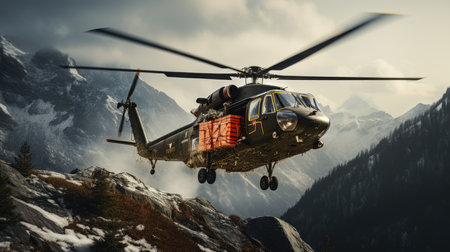 Helicopter landing in the mountains. 3d render illustration.の素材