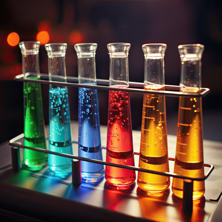 Laboratory glassware with colorful liquid on the table in chemical laboratoryの素材