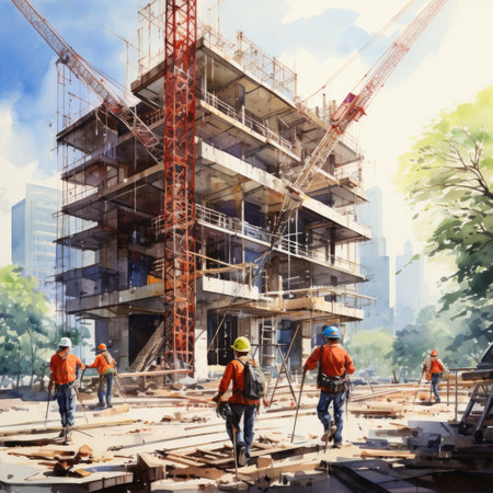 Construction workers working on a building site. Watercolor painting style.の素材