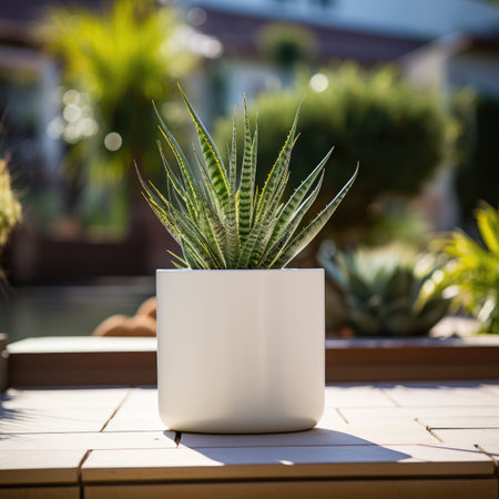 Succulent plant in a white pot on the terrace.の素材