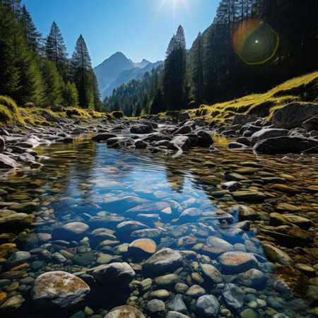 Fantastic mountain landscape with clear water and high mountains in backgroundの素材