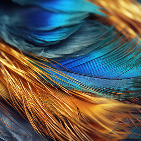 Colorful feathers as background, closeup. Macro photo of bird feathersの素材