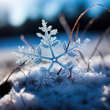 snowflakes on the snow in the winter forest. macroの素材