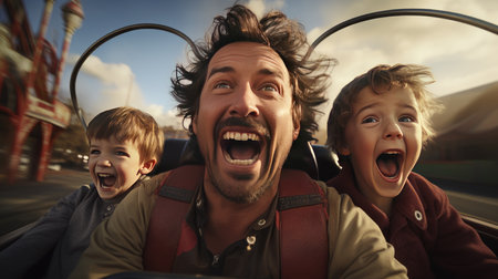 Portrait of excited father and his children in cabriolet carの素材