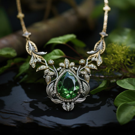 jewelry pendant with green emerald on a black backgroundの素材