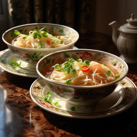 Noodle soup in a bowl with chopsticks on a wooden tableの素材