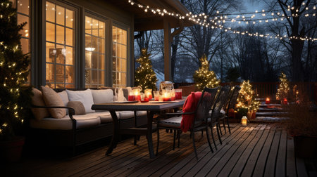 Cafe with christmas decoration on terrace. 3d renderingの素材