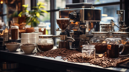 Coffee machine and coffee beans on a table in a cafeの素材