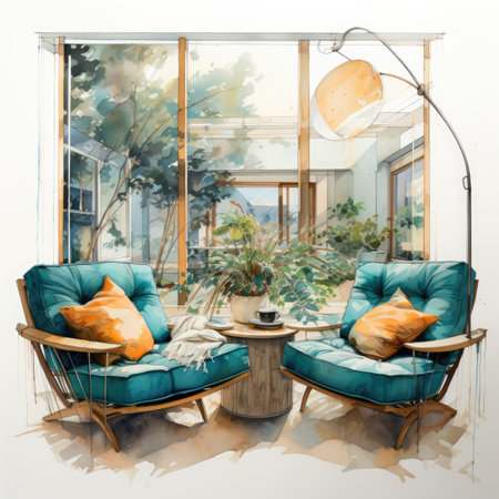 Interior design of a modern living room. Digital watercolor paintingの素材