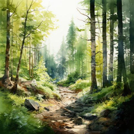 Beautiful summer forest landscape. Watercolor painting. Digital illustration.の素材