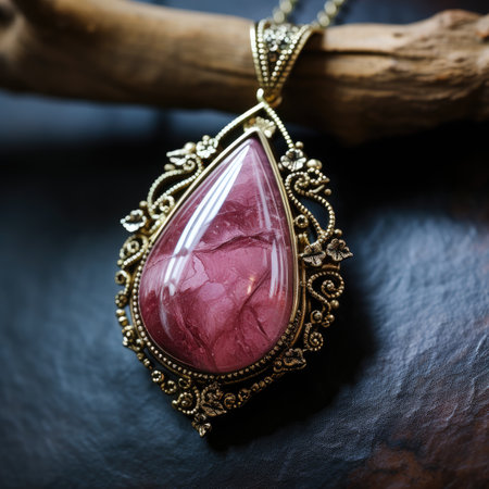 Handmade pendant made of ruby on a dark background close upの素材