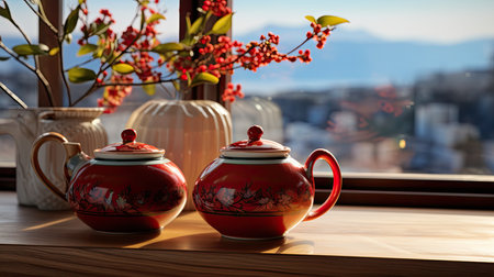 Two teapots with red patterns on the background of the windowの素材