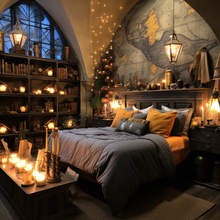 Luxury bedroom interior with christmas tree, fireplace and candlesの素材