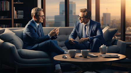 Two handsome businessmen are sitting on the couch in the office and talking. Men are looking at each other and smiling.の素材