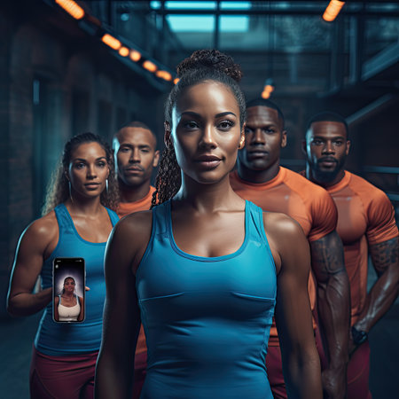 Group of african american and caucasian athletes in sportswear taking selfie on smartphone.の素材