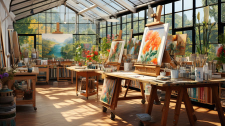 painting in the artist's studio with a lot of colorful paintingsの素材