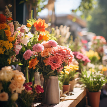 Beautiful bouquet of flowers in vase on table in flower shopの素材