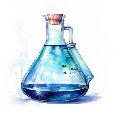 Watercolor Laboratory glassware with blue liquid.の素材