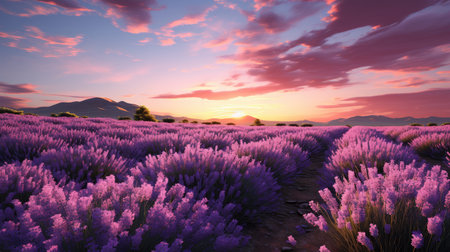 Sunset over lavender fieldの素材