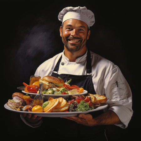 Portrait of a smiling male chef holding a plate full of healthy foodの素材
