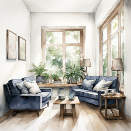 modern living room interior design with blue sofa, coffee table and plant in vaseの素材
