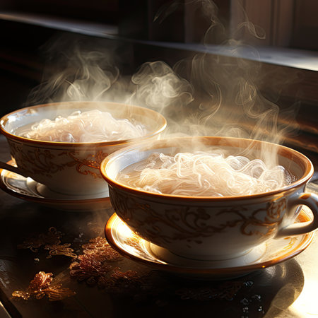 Two cups of hot Chinese tea with steam on the table.の素材