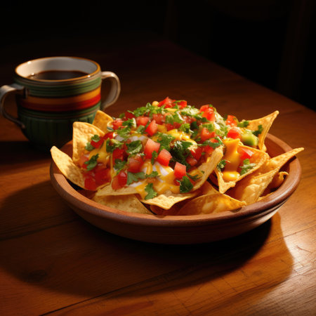 Nachos with salsa and guacamole on wooden tableの素材