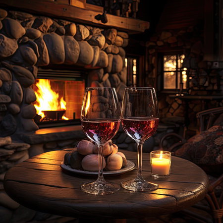 Two glasses of red wine on a wooden table in front of a fireplaceの素材