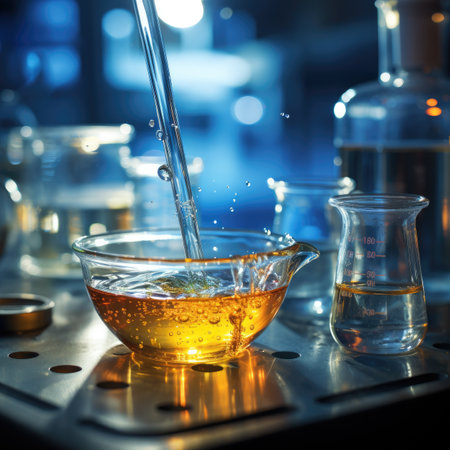 Laboratory glassware containing chemical liquid, science research and development conceptの素材