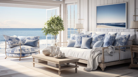 modern bedroom with sea view and blue sofa.の素材