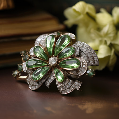 jewelry brooch with green emerald on a wooden backgroundの素材
