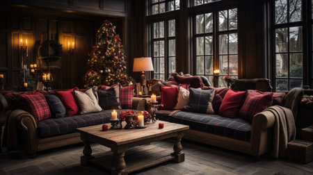 Luxury living room with Christmas tree, fireplace and sofa.の素材