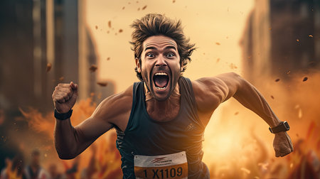 Athlete celebrating his victory against the background of a burning cityの素材