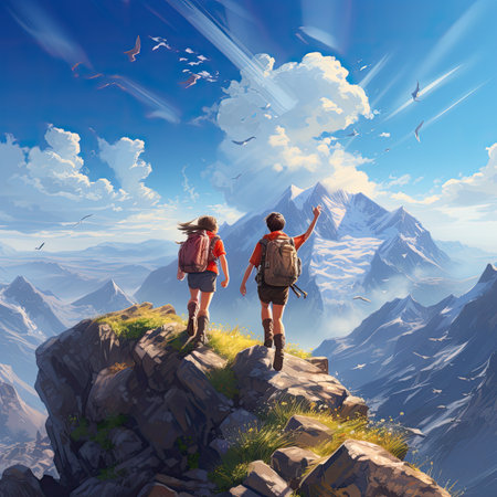 Hiking couple with backpacks on the top of the mountain. Travel and adventure concept.の素材