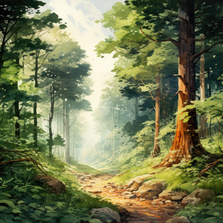 a path in a green forest with trees and rocksの素材