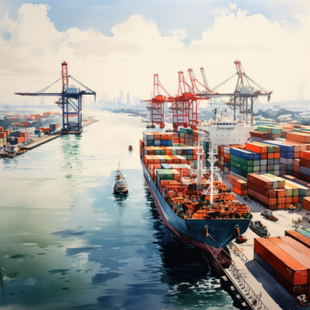 Container Cargo freight ship with working crane bridge in shipyard for Logistic Import Export backgroundの素材