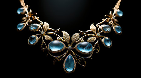 necklace on black background in gold and blue tones with precious stonesの素材