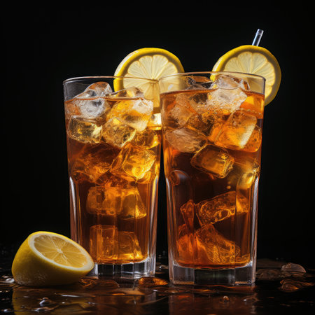 Two glasses of iced tea with lemon and ice cubes on black backgroundの素材