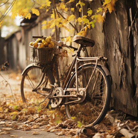 Vintage bicycle with basket of apples on the street in autumn.の素材