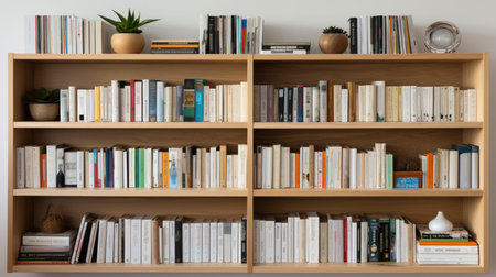 Bookshelf with books and decorations on white backgroundの素材
