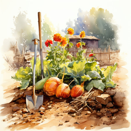 Watercolor illustration of pumpkins and shovel in the vegetable garden.の素材